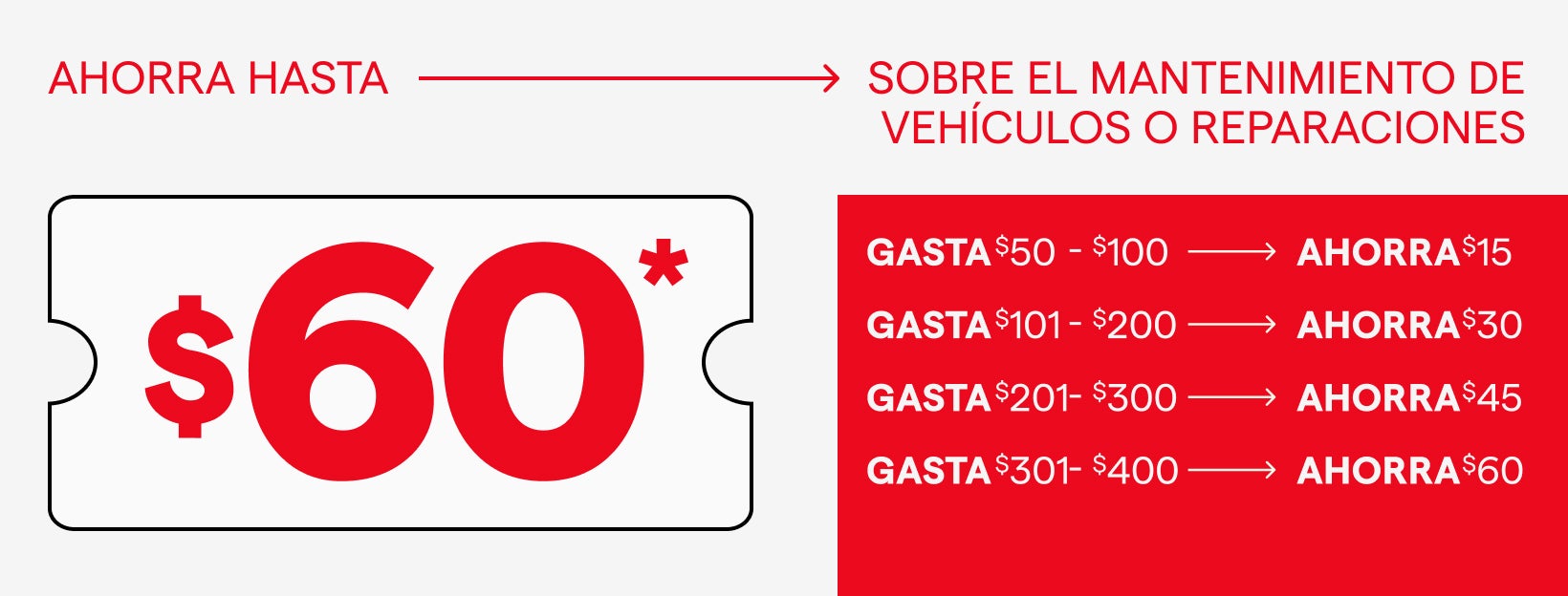 AHORRA HASTA $60 SOBRE EL MANTENIMIENTO DE VEHÍCULOS O REPARACIONES