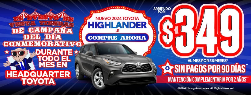 Nuevo 2024 Toyota Highlander LE Arriendo por $349/al mes por 36 meses*